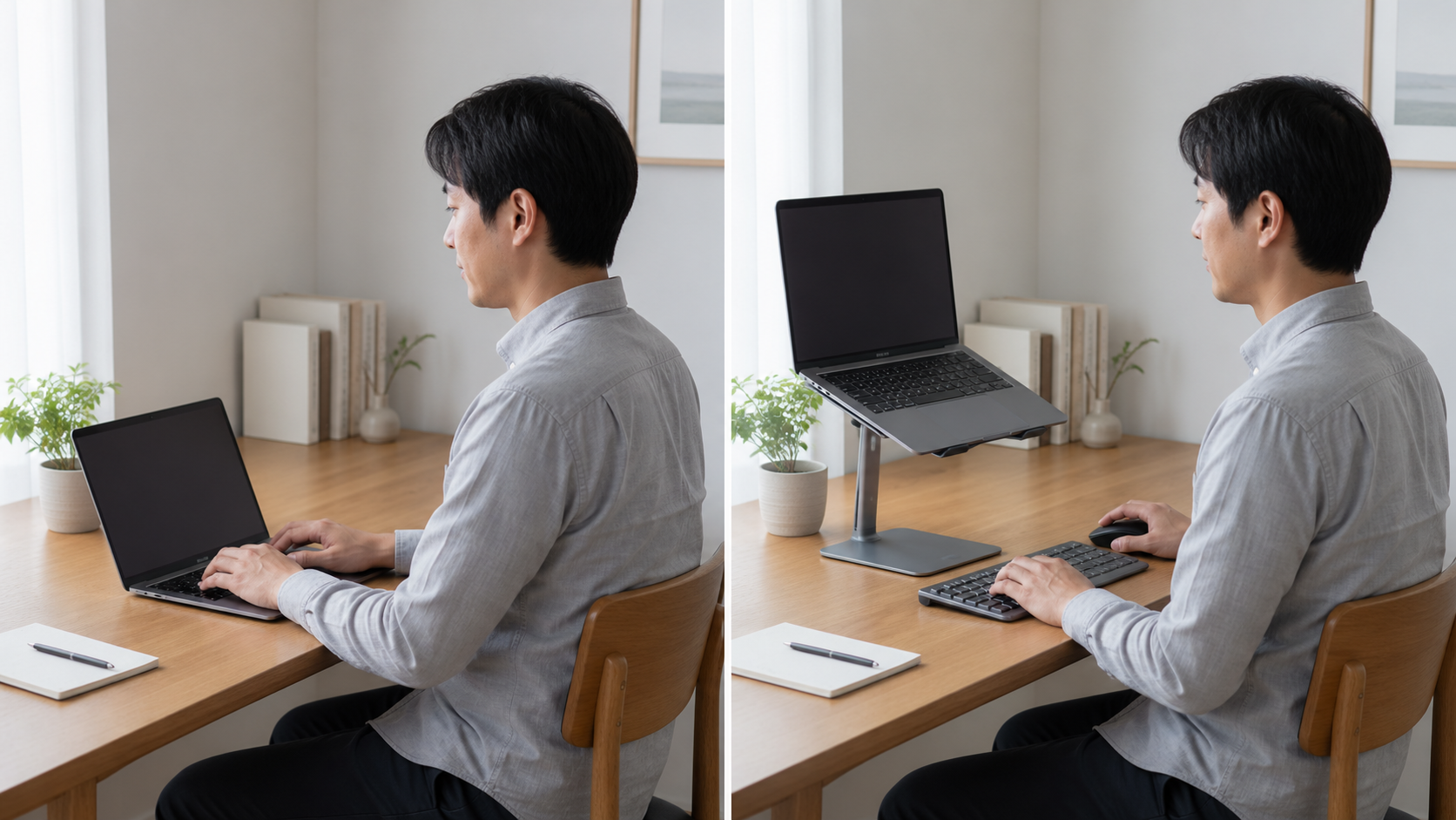 同じ机でノートPCを直接使う状態とスタンド上で外付けキーボードを使う状態の比較