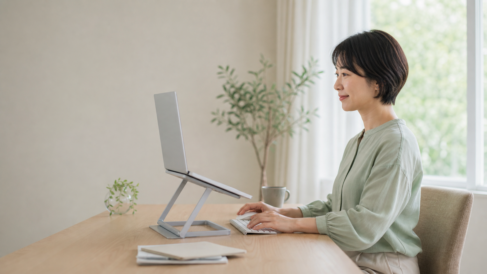 ノートパソコンの画面をスタンドで上げ外付けキーボードを使う在宅ワークの机
