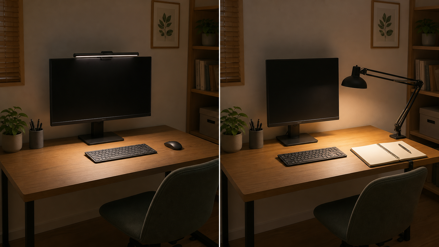モニター上部に固定し、画面前のキーボード周辺を照らすモニターライトの使用イメージ