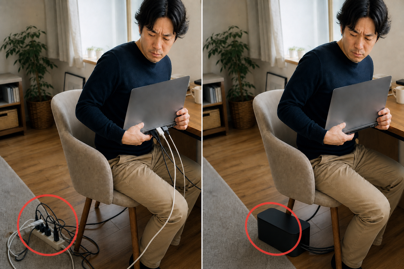 机の手前側に小物収納を設けた作業環境