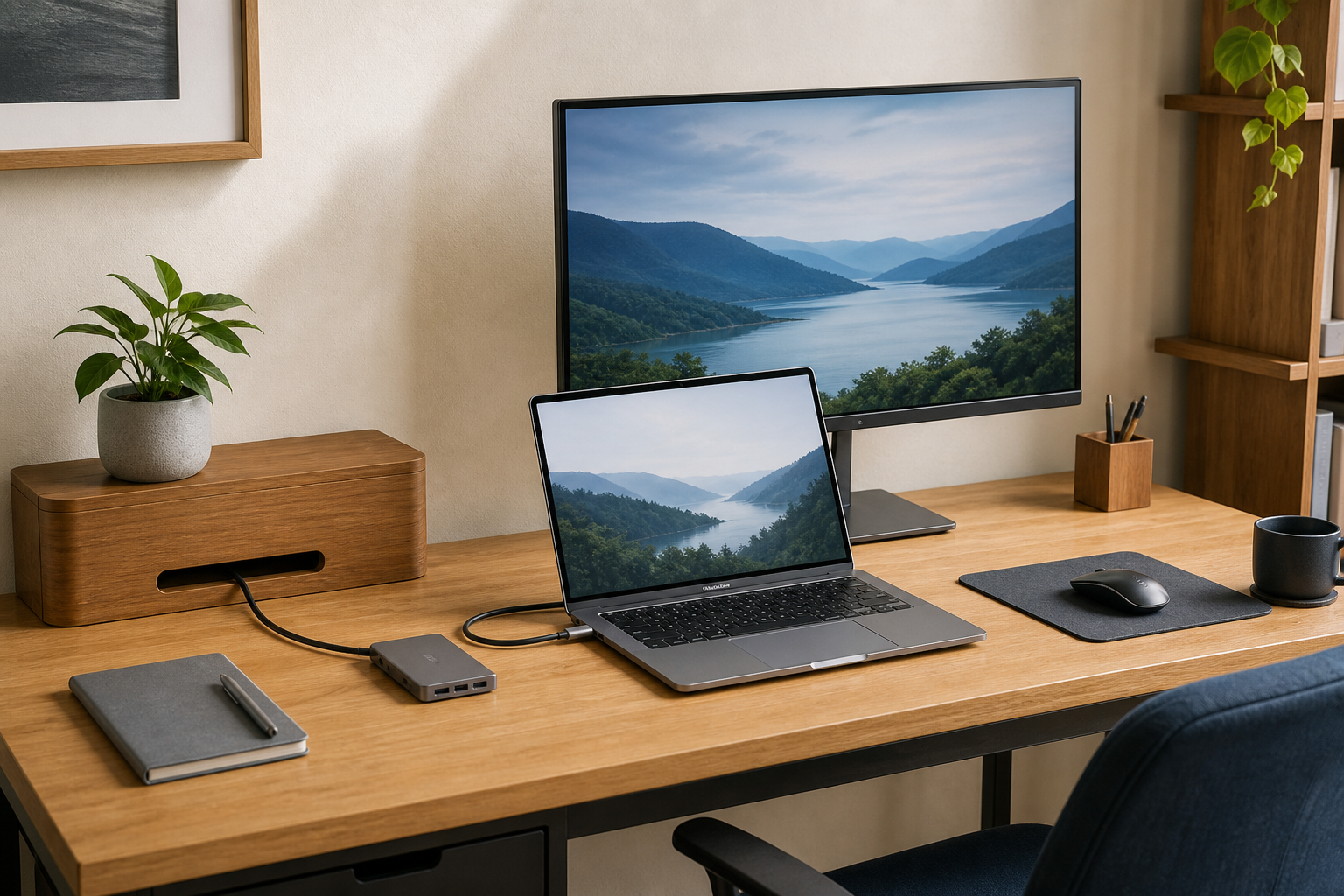 ノートパソコンと外部モニターを1本の接続で使うデスクのイメージ