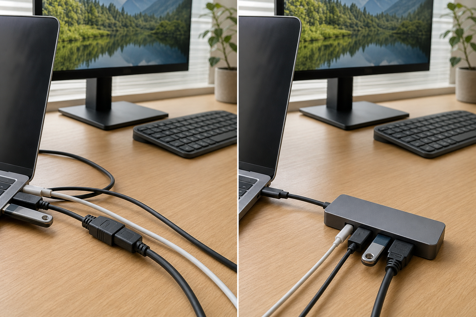 複数ケーブルをUSB-Cハブへ集めてノートPC側の接続を1本にした前後比較